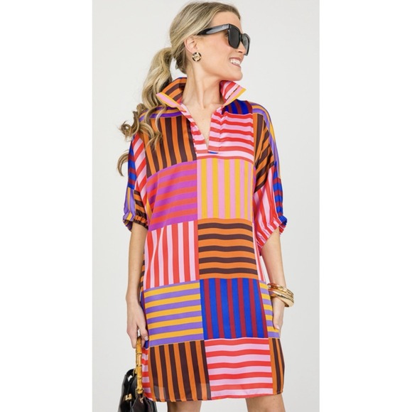 Adrienne Dresses & Skirts - Adrienne Women's Charlotte Multi Color Stripe V-neck collared Dress 2X
